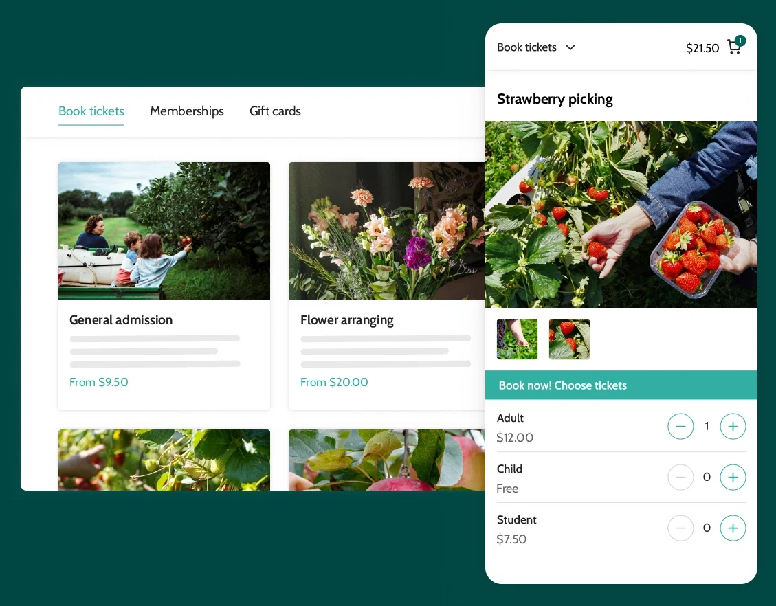 U-pick ticketing software booking journey on desktop