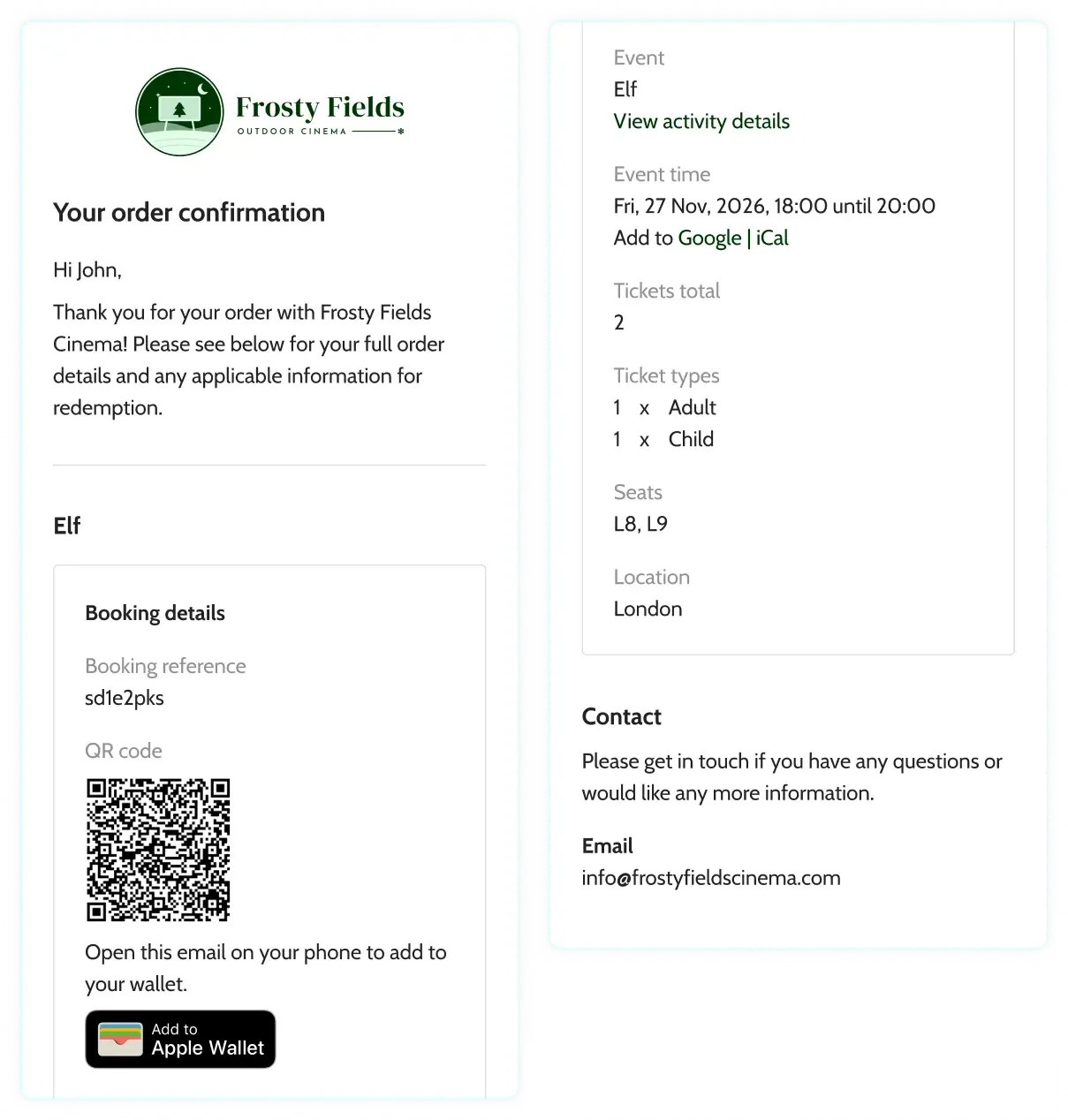 seat numbers are saved on all email confirmations